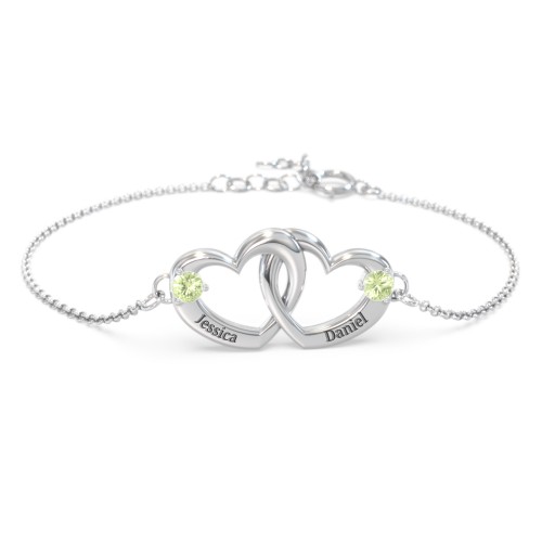 Interlocking Heart Promise Bracelet with Two Stones – Sterling Silver with Peridot