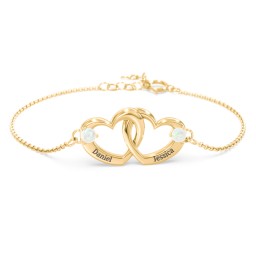 Interlocking Heart Promise Bracelet with Two Stones in 10K Solid Yellow Gold with Opal