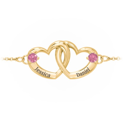 Interlocking Heart Promise Bracelet with Two Stones – 10K Yellow Gold with Pink Tourmaline