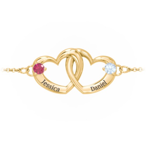 Interlocking Heart Promise Bracelet with Two Stones – 10K Yellow Gold with Ruby and Aquamarine