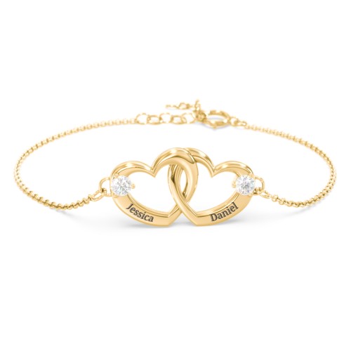 Interlocking Heart Promise Bracelet with Two Stones – 10K Yellow Gold with Diamond