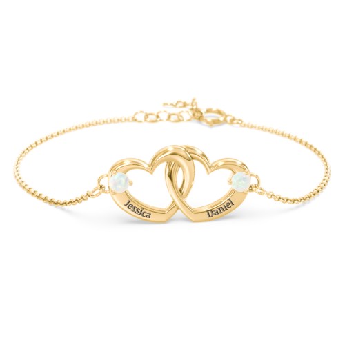Interlocking Heart Promise Bracelet with Two Stones – 10K Yellow Gold with Opal