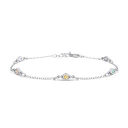 Diamond Shape Charm Bracelet with Gemstones in 925 Sterling Silver with Ruby, Orange Sapphire, Citrine, Emerald, and Blue Sapphire