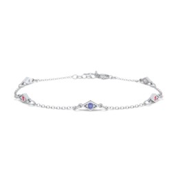 Diamond Shape Charm Bracelet with Gemstones in 925 Sterling Silver with Blue Sapphire and Garnet