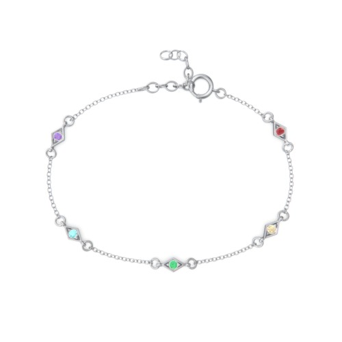 Diamond Shape Charm Bracelet with Gemstones – Sterling Silver with Amethyst, Mint Premium Zirconia, Emerald, Citrine, and Garnet