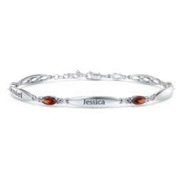 Engravable Family Bracelet with Marquise Birthstones (1-5 Stones) in 925 Sterling Silver with Garnet, Peridot, and Citrine