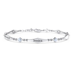 Engravable Modern Family Bracelet with Round Birthstones (1-5 Stones) in 925 Sterling Silver with Aquamarine, Garnet, and Blue Topaz