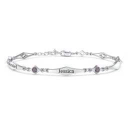 Engravable Modern Family Bracelet with Round Birthstones (1-5 Stones) in 925 Sterling Silver with Alexandrite, Garnet, and Blue Topaz