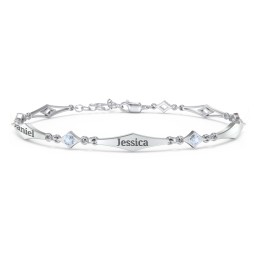 Engravable Modern Family Bracelet with Round Birthstones (1-5 Stones) in 925 Sterling Silver with Aquamarine, Garnet, and Blue Topaz