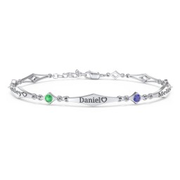 Engravable Modern Family Bracelet with Round Birthstones (1-5 Stones) in 925 Sterling Silver with Emerald, Blue Sapphire, Pink Tourmaline, Garnet, and Blue Topaz