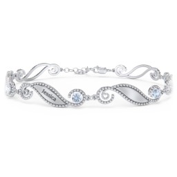 Engravable Beaded Family Bracelet with Round Birthstones (1-6 Stones) in 925 Sterling Silver with Aquamarine, Fancy Blue Premium Zirconia, Pink Tourmaline, and Emerald
