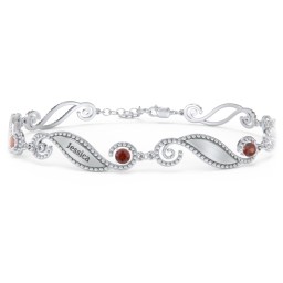 Engravable Beaded Family Bracelet with Round Birthstones (1-6 Stones) in 925 Sterling Silver with Garnet, Fancy Blue Premium Zirconia, Pink Tourmaline, and Emerald