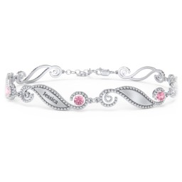 Engravable Beaded Family Bracelet with Round Birthstones (1-6 Stones) in 925 Sterling Silver with Pink Tourmaline, Fancy Blue Premium Zirconia, and Emerald