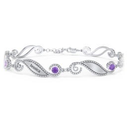 Engravable Beaded Family Bracelet with Round Birthstones (1-6 Stones) in 925 Sterling Silver with Amethyst, Fancy Blue Premium Zirconia, Pink Tourmaline, and Emerald