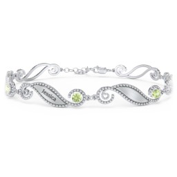 Engravable Beaded Family Bracelet with Round Birthstones (1-6 Stones) in 925 Sterling Silver with Peridot, Fancy Blue Premium Zirconia, Pink Tourmaline, and Emerald