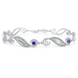 Engravable Beaded Family Bracelet with Round Birthstones (1-6 Stones) in 925 Sterling Silver with Blue Sapphire, Fancy Blue Premium Zirconia, Pink Tourmaline, and Emerald