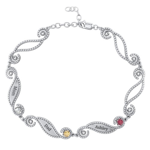 Engravable Beaded Family Bracelet with Round Birthstones (1-6 Stones) – Sterling Silver with Cubic Zirconia, Citrine, and Ruby