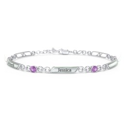 Engravable Classic Family Bracelet with Round Birthstones (1-5 Stones) in 925 Sterling Silver with Amethyst, Peridot, and Blue Topaz