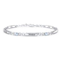 Engravable Classic Family Bracelet with Round Birthstones (1-5 Stones) in 925 Sterling Silver with Aquamarine, Peridot, and Blue Topaz