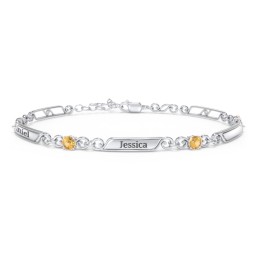 Engravable Classic Family Bracelet with Round Birthstones (1-5 Stones) in 925 Sterling Silver with Citrine, Peridot, and Blue Topaz