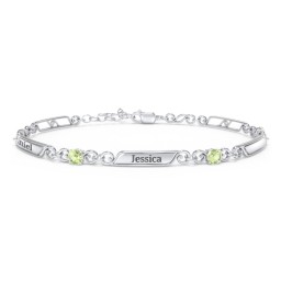 Engravable Classic Family Bracelet with Round Birthstones (1-5 Stones) in 925 Sterling Silver with Peridot and Blue Topaz
