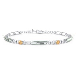 Engravable Classic Family Bracelet with Round Birthstones (1-5 Stones) in 925 Sterling Silver with Citrine, Peridot, and Blue Topaz