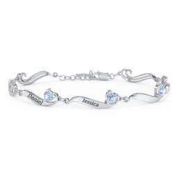 Engravable Milgrain Family Bracelet with Heart Birthstones (1-7 Stones) in 925 Sterling Silver with Aquamarine, Peridot, Blue Topaz, Pink Tourmaline, and Amethyst