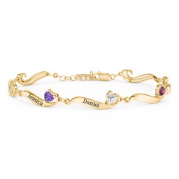 Engravable Milgrain Family Bracelet with Heart Birthstones (1-7 Stones) in 10K Solid Yellow Gold with Amethyst, Cubic Zirconia, Ruby, Peridot, Blue Topaz, and Pink Tourmaline