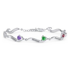 Engravable Milgrain Family Bracelet with Heart Birthstones (1-7 Stones) – Sterling Silver with Amethyst, Emerald, and Ruby