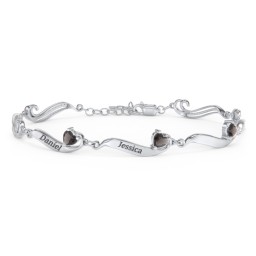 Engravable Milgrain Family Bracelet with Heart Birthstones (1-7 Stones) in 925 Sterling Silver with Smokey Quartz, Peridot, Blue Topaz, Pink Tourmaline, and Amethyst