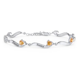 Engravable Milgrain Family Bracelet with Heart Birthstones (1-7 Stones) in 925 Sterling Silver with Citrine, Peridot, Blue Topaz, Pink Tourmaline, and Amethyst