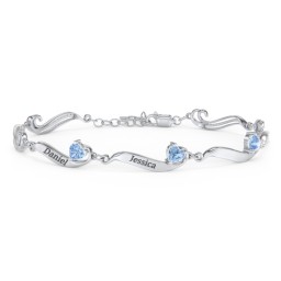 Engravable Milgrain Family Bracelet with Heart Birthstones (1-7 Stones) in 925 Sterling Silver with Blue Topaz, Peridot, Pink Tourmaline, and Amethyst