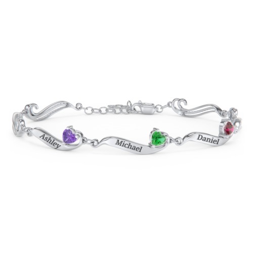 Engravable Milgrain Family Bracelet with Heart Birthstones (1-7 Stones) – Sterling Silver with Amethyst, Emerald, and Ruby