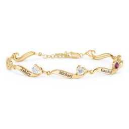Engravable Milgrain Family Bracelet with Heart Birthstones (1-7 Stones) in 10K Solid Yellow Gold with Diamond, Ruby, Peridot, Blue Topaz, Pink Tourmaline, and Amethyst