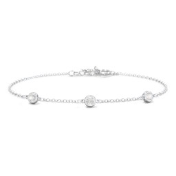 Bezel-Set Round Stone Station Bracelet in 925 Sterling Silver with Cubic Zirconia, Pink Tourmaline, Blue Topaz, and Smokey Quartz
