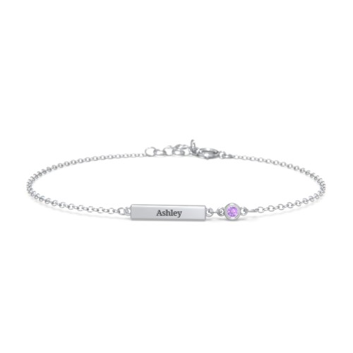 Engravable Bar Bracelet with Bezel Set Stone – Sterling Silver with Amethyst