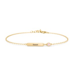 Engravable Bar Bracelet with Bezel Set Stone in 18K Gold Plated Silver with Pink Tourmaline