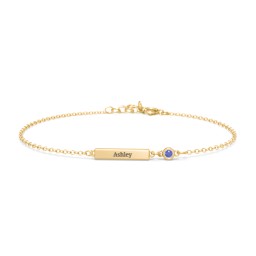 Engravable Bar Bracelet with Bezel Set Stone in 18K Gold Plated Silver with Blue Sapphire