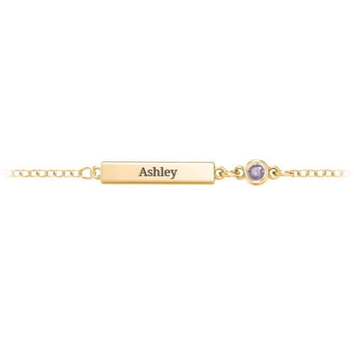 Engravable Bar Bracelet with Bezel Set Stone – 18K Gold Plated Silver with Alexandrite