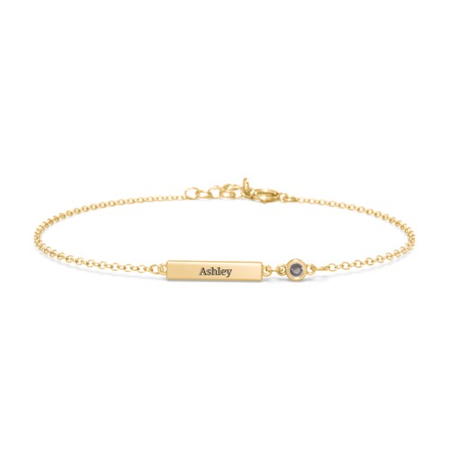 Engravable Bar Bracelet with Bezel Set Stone – 18K Gold Plated Silver with Smokey Quartz