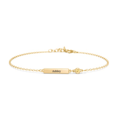 Engravable Bar Bracelet with Bezel Set Stone – 18K Gold Plated Silver with Citrine