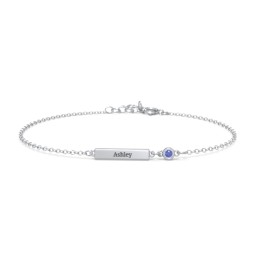 Engravable Bar Bracelet with Bezel Set Stone in 925 Sterling Silver with Blue Sapphire