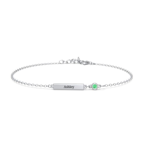 Engravable Bar Bracelet with Bezel Set Stone – Sterling Silver with Emerald