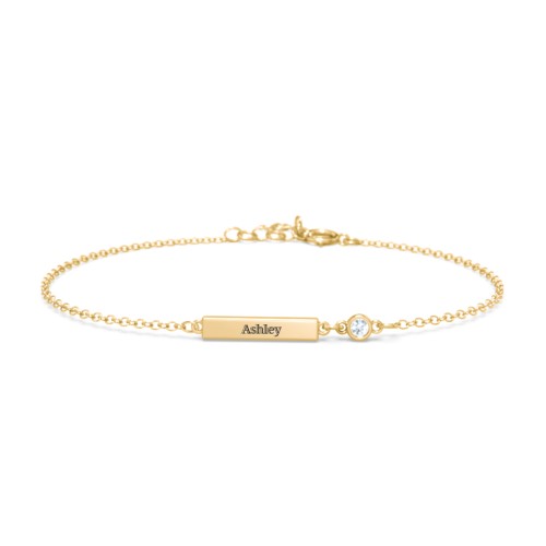 Engravable Bar Bracelet with Bezel Set Stone – 10K Yellow Gold with Aquamarine
