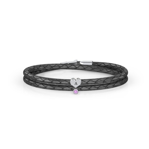 Engravable Sterling Silver Heart & Gemstone Leather Bracelet – Sterling Silver with Amethyst