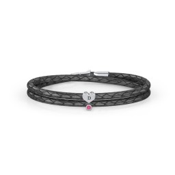 Engravable Sterling Silver Heart & Gemstone Leather Bracelet in 925 Sterling Silver with Ruby