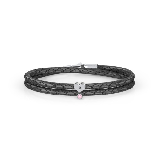 Engravable Sterling Silver Heart & Gemstone Leather Bracelet – Sterling Silver with Pink Tourmaline