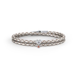 Engravable Sterling Silver Heart & Gemstone Leather Bracelet in 925 Sterling Silver with Garnet