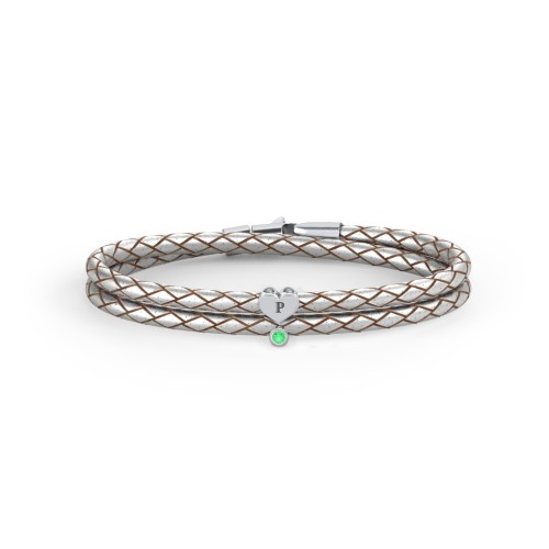 Engravable Sterling Silver Heart & Gemstone Leather Bracelet – Sterling Silver with Emerald