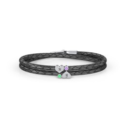 Engravable Sterling Silver Heart & Gemstone Leather Bracelet - 2 in 925 Sterling Silver with Emerald and Amethyst Premium Zirconia